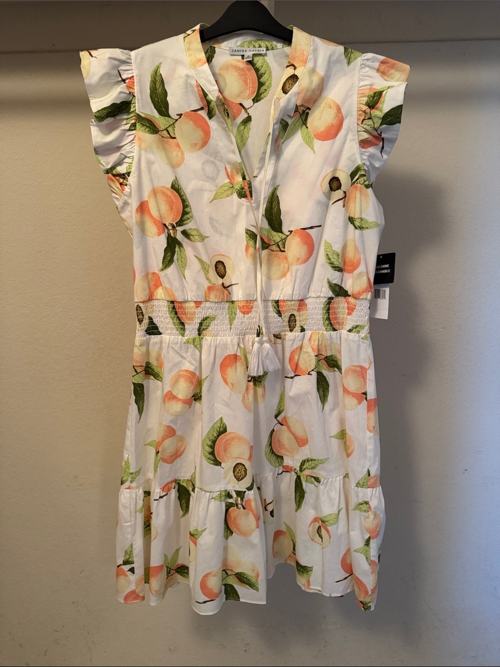 Sandra Darren White Mini Dress with Peach and Green Fruit Print